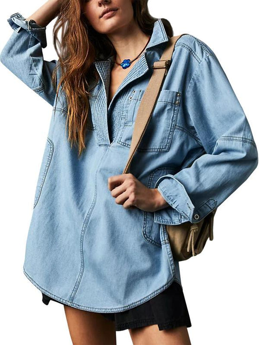 Oversized Denim Shirt with Utility Pocket